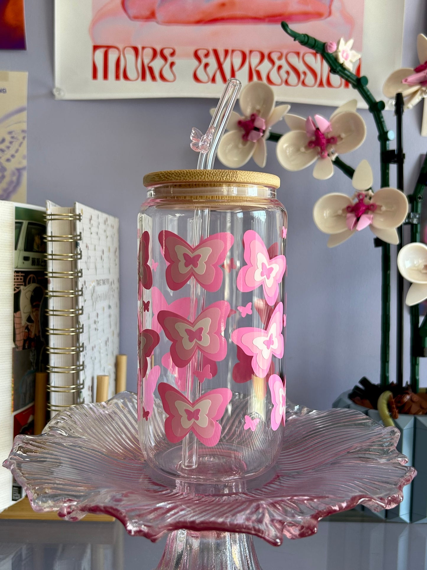 Pink Butterfly Ombre Glass Can