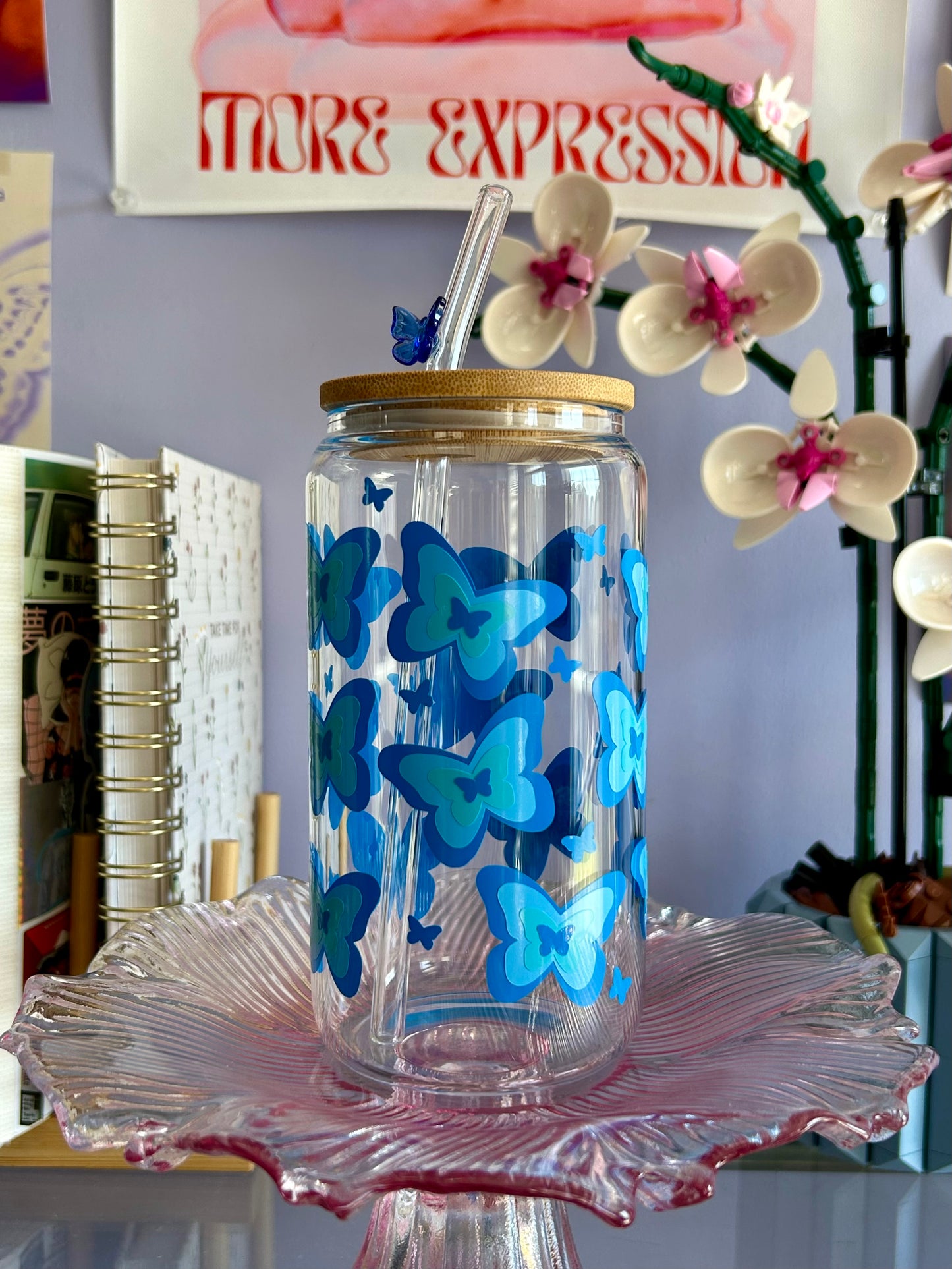 Blue Butterfly ombre Glass Can